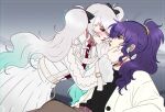  25-ji_miku 2girls absurdres aqua_hair aqua_nails artist_name asahina_mafuyu black_ribbon black_shirt blue_eyes blurry blush brown_pants cardigan center_frills closed_mouth commentary eye_contact face-to-face frills gradient_hair grey_hair hair_between_eyes hair_ornament hair_over_shoulder hair_ribbon hair_scrunchie hand_on_another's_cheek hand_on_another's_face hatsune_miku highres long_hair long_sleeves looking_at_another multicolored_hair multiple_girls nail_polish necktie open_cardigan open_clothes pants parted_lips pleated_skirt ponytail project_sekai purple_eyes purple_hair red_necktie ribbon roman_numeral scrunchie shirt sidelocks skirt tempusumbra twintails untranslatable_commentary very_long_hair vocaloid white_cardigan white_shirt white_skirt wide_sleeves yuri 
