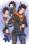  1boy animal_ears armor barefoot belt black_boots black_collar black_gloves black_hair black_jacket black_pants black_swim_trunks blue_eyes blue_jacket blue_pants blue_sweater blush boots chibi chibi_inset collar commentary cross_scar crylin6 cup fang final_fantasy final_fantasy_vii final_fantasy_vii:_ever_crisis fur-trimmed_armor fur_trim gloves green_armor grin highres holding holding_cup holding_sword holding_weapon hood hood_down hoodie jacket leather leather_jacket looking_at_viewer male_focus male_swimwear monster_hunter_(series) monster_hunter_rise multiple_views official_alternate_costume one_eye_closed orange_hoodie pants parted_lips scar scar_on_cheek scar_on_face short_hair shoulder_armor sleeveless sleeveless_turtleneck smile spiked_hair spiked_jacket suspenders sweater swim_trunks sword topless_male turtleneck turtleneck_sweater weapon wolf_ears zack_fair zack_fair_(black_hound) zack_fair_(shinra_full_dress_uniform) zack_fair_(tropical_beach) zack_fair_(zinogre_armor) zinogre_(armor) 