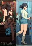  1girl alcohol animal_ear_hairband animal_ears backpack bag bare_legs bare_shoulders black_hair black_leotard black_shoes blue_bag breasts brown_eyes cellphone closed_mouth commentary commission cracked_screen cup denim denim_shorts detached_collar drinking_glass earrings fake_animal_ears fake_tail from_behind hair_bun hair_down hair_ornament hair_up hairband hairclip high_heels highleg highleg_leotard highres holding holding_strap holding_tray jewelry leaning_on_table leg_up leotard light_rays long_hair looking_at_viewer looking_back medium_breasts multiple_hairclips multiple_views open_mouth original pantyhose parallel_hairclips phone playboy_bunny poker_chip ponytail rabbit_ear_hairband rabbit_ears rabbit_tail shirt shoelaces shoes shorts signature skeb_commission smartphone socks spoken_money spoken_yen_sign standing standing_on_one_leg strapless strapless_leotard stud_earrings sweater tail taut_clothes taut_shirt tray turnstile turtleneck turtleneck_sweater untranslatable_commentary white_socks white_sweater white_wrist_cuffs working wozora wrist_cuffs yen_sign 