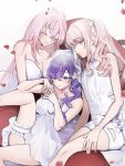  1other 25-ji_luka 2girls akiyama_mizuki armchair asahina_mafuyu bad_id bad_twitter_id bare_arms bare_shoulders blush breasts chair cleavage closed_eyes closed_mouth clothing_cutout collarbone cropped crossed_bangs dress falling_petals frilled_thigh_strap hair_between_eyes hair_over_shoulder hair_ribbon hand_on_own_thigh hands_up highres large_breasts long_hair long_sidelocks looking_at_viewer megurine_luka multiple_girls on_chair parted_lips petals pink_eyes pink_hair ponytail project_sekai propose_(cevio) purple_eyes purple_hair red_petals ribbon shirt short_dress shorts side_ponytail sidelocks simple_background sitting sleeveless sleeveless_shirt smile strapless strapless_dress tamao_tamaki thigh_strap veil very_long_hair vocaloid white_background white_dress white_ribbon white_shirt white_shorts 