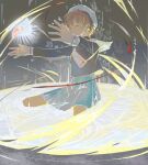  1girl aqua_skirt ascot beret black_shirt brown_hair bug butterfly cardcaptor_sakura casting_spell chinese_commentary closed_eyes commentary_request expressionless floating_clothes full_body grey_background hair_between_eyes hat high-waist_skirt highres kinomoto_sakura kneeling light_particles long_sleeves magic_circle medium_skirt muqingqingqing on_magic_circle outstretched_arm pleated_skirt puffy_long_sleeves puffy_sleeves red_ascot sailor_collar school_uniform serafuku shirt short_hair skirt solo tomoeda_elementary_school_uniform wand white_hat white_sailor_collar 