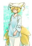  1girl alternate_costume aqua_background blonde_hair blue_hoodie blush border closed_eyes commentary_request feet_out_of_frame fox_tail grey_skirt hat hood hoodie long_sleeves mob_cap multiple_tails photo_background rangycrow short_hair skirt smile solo tail touhou white_border white_hat yakumo_ran 