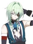  1boy anaxa_(honkai:_star_rail) arm_at_side arm_behind_head arm_up armpits ascot bare_shoulders bishounen black_gloves black_wrist_cuffs blue_eyes closed_mouth commentary elbow_gloves eyepatch eyewear_strap frown furrowed_brow gloves green_hair hair_down hair_intakes hair_over_shoulder half-closed_eye hand_on_own_head highres hole_in_chest hole_on_body honkai:_star_rail honkai_(series) long_hair looking_at_viewer male_focus multicolored_eyes no_jacket one_eye_covered red_eyes scratching_head simple_background sleeveless solo star_(sky) turtleneck two-tone_eyes upper_body white_ascot white_background wrist_cuffs yukimi_(yuyuyu_324) 