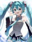  1girl absurdres aqua_eyes aqua_hair aqua_necktie black_skirt black_sleeves breasts commentary_request detached_sleeves grey_shirt hand_up hatsune_miku headphones headset highres looking_at_viewer medium_breasts necktie number_tattoo open_mouth red_tattoo shirt skirt sleeveless sleeveless_shirt smile solo tattoo tatyaoekaki teeth twintails upper_teeth_only vocaloid white_background 