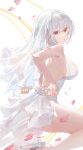 1girl absurdres azur_lane backless_leotard bare_shoulders breasts bridal_veil chinese_commentary commentary_request grey_hair hair_between_eyes high_heels highres large_breasts leotard looking_at_viewer medium_hair mouth_hold official_alternate_costume petals pink_petals red_eyes shin_oooooo sirius_(alba_sirius)_(azur_lane) sirius_(azur_lane) strapless strapless_leotard veil white_leotard 