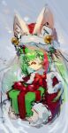  1other alternate_costume animal_ears bandaid bandaid_on_face bandaid_on_nose bell blonde_hair cat_ears christmas gift gift_hair_ornament gradient_hair green_eyes green_hair hair_bell hair_ornament hat highres holding holding_gift indie_virtual_youtuber looking_at_viewer multicolored_hair neck_ribbon nyuuji pink_streaks polygon_donut red_ribbon ribbon santa_hat second-party_source single_hair_streak snow streaked_hair twintails 