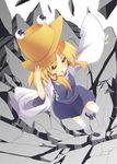  blonde_hair crushing hair_ornament hat mazeshi moriya_suwako solo thighhighs touhou white_legwear wide_sleeves yellow_eyes 