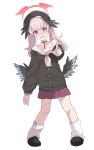  1girl absurdres bare_shoulders beret black_hat black_shirt black_wings blue_archive blush commentary_request feathered_wings full_body halo hat head_wings highres koharu_(blue_archive) long_hair long_sleeves looking_at_viewer loose_socks low_wings off_shoulder parted_lips pink_hair pleated_skirt pointing puffy_long_sleeves puffy_sleeves purple_eyes purple_skirt ryoji_minato sailor_collar school_uniform serafuku shirt simple_background skirt socks solo standing twintails wavy_mouth white_background white_sailor_collar white_socks wings 