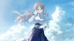  1girl absurdres arcle_(kuuga) artist_request bang_dream! bang_dream!_it's_mygo!!!!! blue_eyes blue_skirt blue_sky brown_hair chinese_commentary closed_mouth cloud commentary_request commission cowboy_shot cross cross_necklace day floating_hair hand_up highres jewelry kamen_rider kamen_rider_kuuga_(series) long_hair long_sleeves looking_at_viewer nagasaki_soyo necklace outdoors rider_belt second-party_source shirt sidelocks skirt sky smile solo standing swept_bangs white_shirt wind 