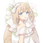  1girl ark_kan bare_shoulders blue_eyes blush bow brown_hair commentary dress fate/grand_order fate_(series) flower hair_bow hair_ribbon leaf long_hair looking_at_viewer marie_antoinette_(fate) marie_antoinette_(fgo_orchestra)_(fate) open_mouth ribbon signature simple_background solo strapless strapless_dress upper_body very_long_hair white_background white_bow white_dress white_flower white_ribbon 