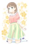  1girl aqua_eyes arm_behind_back breasts brown_hair commentary_request frilled_shirt_collar frills full_body green_skirt highres kneeling medium_breasts medium_hair medium_skirt nakagawa_hiromi no_shoes original pink_nails pink_shirt polka_dot polka_dot_socks puffy_short_sleeves puffy_sleeves shirt short_sleeves skirt socks solo striped_clothes striped_skirt vertical-striped_clothes vertical-striped_skirt white_socks 