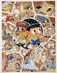  1930s_(style) 2girls 6+boys aircraft airplane animal armor bag battle beard belt belt_buckle bird black_boots black_hair blonde_hair blue_dress blue_pants boned_meat boots border briefcase brown_belt brown_cat brown_dog brown_eyes brown_hair brown_shoes buckle bug campfire cane cat cave cavewoman child coat cockroach commentary dark-skinned_female dark_skin dog dress driving extra_eyes facial_hair fire firing floating floating_rock food fur_dress giant giantess goggles goggles_on_headwear grey_shirt hairband highres holding holding_bag holding_briefcase holding_cane holding_food holding_polearm holding_staff holding_weapon horns jewelry katsukawa_katsushi large_nose leaf long_hair magic meat military_vehicle monster motor_vehicle mouse_(animal) mouth_hold multiple_boys multiple_girls multiple_heads necklace old old_man open_door original oversized_animal painting_(medium) pants plant_monster pointing polearm radio_antenna red_armor red_eyes red_shoes science_fiction sharp_teeth shirt shoes short_hair shoulder_armor sitting skull_necklace smoke spear staff standing tank teeth thorns tiara torn_clothes torn_pants town traditional_media very_long_hair volcano watch watercolor_(medium) weapon white_border white_coat white_hair white_hairband wristwatch yellow_dress 