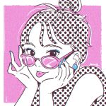  1girl :p adjusting_eyewear blue_eyeshadow blue_nails border commentary earrings eyeshadow glasses glasses_day hair_bun head_rest headset highres jewelry kohaku_ame looking_at_viewer looking_over_eyewear makeup original pink-tinted_eyewear pink_background polka_dot sleeveless solo tinted_eyewear tongue tongue_out upper_body white_border 