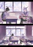  2boys acoustic_guitar alternate_costume animal_ears arknights black_hair black_pants blue_sky bow collared_shirt commentary cowboy_shot curtains desk ebenholz_(arknights) foot_out_of_frame fuyao_(kafeiwww) goat_boy goat_ears goat_horns grey_vest guitar hair_bow head_rest highres holding holding_guitar holding_instrument horns indoors instrument kreide_(arknights) long_hair long_sleeves male_focus multiple_boys pants petals playing_guitar playing_instrument red_bow school_desk shirt sky tree vest white_hair white_shirt window 