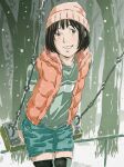  1girl black_thighhighs commentary_request grey_shirt highres looking_at_viewer monodevil on_swing original outdoors red_vest shirt short_hair shorts sketch smile snow swing thighhighs vest 