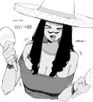  >_< 1girl 2026_fifa_world_cup bare_shoulders breasts cleavage commentary facing_viewer greyscale hat highres holding holding_instrument holding_maracas instrument long_hair maracas mexican_flag mexico_(ohasi) monochrome ohasi open_mouth original solo sombrero south_african_flag upper_body world_cup 