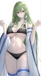  1girl 7saki bad_id bad_twitter_id black_bra black_panties blue_trim blush bra breasts cleavage commentary_request cowboy_shot curvy detached_sleeves frog_hair_ornament green_eyes green_hair hair_intakes hair_ornament hair_tubes hands_up highres kochiya_sanae large_breasts long_hair long_sleeves looking_at_viewer navel panties parted_bangs parted_lips simple_background single_hair_tube skindentation snake_hair_ornament solo standing straight_hair thick_thighs thigh_gap thighhighs thighs touhou underwear unfinished white_background white_sleeves white_thighhighs wide_hips wide_sleeves 