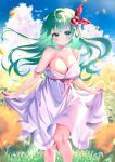  1girl absurdres areola_slip beatmania_iidx bemani blurry blurry_foreground breasts button_dress cleavage collarbone commentary_request commission cowboy_shot day dress english_commentary falling_petals field floating_hair flower flower_field food-themed_hair_ornament food_print fruit_print garimayo grass greece green_eyes green_hair hair_ornament hair_tie highres holding_own_dress large_breasts long_hair looking_at_viewer mixed-language_commentary original outdoors petals red_ribbon ribbon skeb_commission smile solo strap_slip strawberry_hair_ornament strawberry_print sunflower sunflower_field white_dress white_ribbon yellow_petals 
