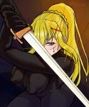  1girl absurdres ass blonde_hair blue_eyes blush bodysuit braid braided_base breasts commentary darkness_(konosuba) english_commentary hair_rings hehil_art highres huge_ass kono_subarashii_sekai_ni_shukufuku_wo! large_breasts long_hair looking_at_viewer mature_female ponytail ponytail_with_braided_base solo sword thick_thighs thighs torn_bodysuit torn_clothes weapon 