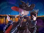  1girl animal_ears arknights belt black_hat book cat_ears cat_girl chain chunjie city_lights cityscape closed_mouth coat commentary cuffs ears_through_headwear hat hat_belt haze_(arknights) highres holding holding_book long_sleeves looking_at_viewer nail_polish night open_book outdoors pink_nails reflection shackles sky smile solo star_(sky) starry_sky upper_body witch_hat yellow_eyes 