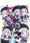  1girl asymmetrical_footwear beret black_hat black_jacket black_pantyhose black_shoes blue_bow blush_stickers bow closed_eyes collared_shirt colored_tips commentary_request footwear_bow giorgio_(yo_sumire_sola1) green_bow hat heterochromia highres holding holding_paintbrush holding_spray_can jacket jacket_partially_removed jogasaki_noah long_hair long_sleeves mahou_shoujo_no_majo_saiban mismatched_footwear multi-tied_hair multicolored_hair multiple_views neck_ribbon off_shoulder open_mouth paintbrush pantyhose polka_dot polka_dot_bow polka_dot_skirt pout red_bow red_eyes ribbon shirt shoes skirt sleeve_bow smile spray_can streaked_hair white_hair white_shirt white_shoes wide_sleeves yellow_bow yellow_eyes 