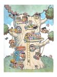  1930s_(style) 4girls 6+boys ^_^ animal baseball_cap basket bird black_eyes black_hair blanket blue_bow blue_hat book border bow braid cat closed_eyes day eating food giant_tree hat holding holding_basket holding_book holding_food house katsukawa_katsushi ladder large_nose long_hair looking_at_another mailbox_(incoming_mail) mouse_(animal) multiple_boys multiple_girls on_swing one_eye_closed open_book open_door open_mouth original outdoors painting_(medium) pants ponytail reading red_bow round_eyewear saliva shirt shoes short_hair single_braid sitting sleeping spyglass suspenders swing swinging_on_rope table traditional_media tree treehouse wall_shelf watercolor_(medium) waving white_border winch yellow_bow 