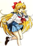  1girl absurdres aino_minako bishoujo_senshi_sailor_moon blonde_hair blue_sailor_collar blue_skirt bow commentary_request graphite_(medium) hair_bow highres i4teruz juuban_middle_school_uniform loafers long_hair looking_at_viewer neckerchief one_eye_closed pleated_skirt red_bow red_neckerchief sailor_collar school_uniform serafuku shirt shoes skirt socks solo standing standing_on_one_leg traditional_media triangle_mouth v white_shirt white_socks 