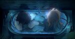  2boys alien_stage bathtub black_hair blonde_hair commentary genshin_impact highres hyudaep kaedehara_kazuha knees_up male_focus multiple_boys nude same-sex_bathing scaramouche_(genshin_impact) shared_bathing tile_wall tiles water 