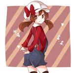 arms_behind_back bad_id bad_pixiv_id bow brown_eyes brown_hair cabbie_hat from_behind hands_clasped hat hat_ribbon kotone_(pokemon) kuromari_(runia) light_smile long_hair looking_at_viewer overalls own_hands_together pokemon pokemon_(game) pokemon_hgss red_ribbon ribbon smile solo striped striped_background thighhighs twintails 