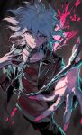  1boy black_background black_pants blood chain chain_leash collarbone colored_blood commentary_request danganronpa_(series) danganronpa_2:_goodbye_despair green_eyes grey_hair highres jacket komaeda_nagito leash looking_at_viewer motimonaka3 nail_polish pants pink_blood reaching reaching_towards_viewer shirt short_hair simple_background smile solo t-shirt 