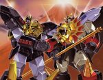  clenched_hand commentary_request feet_out_of_frame gaogaigar hand_grab handshake holding holding_staff looking_afar mecha mecha_focus mg_robo mountain official_art outdoors prototype_design red_eyes robot staff standing super_robot tsunashima_shirou v-fin yuusha_ou_gaogaigar yuusha_series 