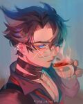  1boy ahblue artist_name black_choker black_hair black_vest blue_background blue_eyes choker collarbone collared_shirt commentary cup earclip earrings eyelashes genshin_impact glasses grey-framed_eyewear grey_hair grey_shirt hair_between_eyes hair_ears hand_up highres holding holding_cup jewelry long_sleeves looking_at_viewer male_focus multicolored_hair necktie open_clothes open_mouth open_vest red_necktie shirt short_hair simple_background solo sparkle steam tea teacup two-tone_hair upper_body vest wriothesley_(genshin_impact) 