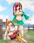  2girls arm_tattoo artist_name ass bandage bangs barefoot blonde_hair blue_sky bra breasts brown_eyes claudia_dragneel cleavage closed_mouth cloud clouds collarbone collarbones cosplay costume_switch detached_sleeves erza_scarlet facing_viewer fairy_tail feet fence flame_print grass hair_over_one_eye hair_ribbon hair_tie hand_tattoo happy high_ponytail highres large_breasts long_hair looking_at_viewer lucy_heartfilia multiple_girls navel one_eye_covered open_mouth outdoors pants ponytail red_hair ribbon sandals sitting skirt sky smile standing tattoo teeth tongue twintails underwear water white_cloud white_clouds 