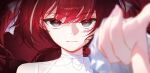  1girl akane_lize blurry blurry_foreground closed_mouth commentary depth_of_field eyelashes grey_eyes highres huhi_(huhi_1211) long_hair mole mole_under_eye outstretched_arm pointing pointing_at_viewer portrait red_hair red_pupils shirt slit_pupils smile solo stellive straight-on swept_bangs virtual_youtuber white_shirt 