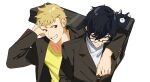  2boys amamiya_ren animal arm_around_shoulder arm_up bag black-framed_eyewear black_bag black_hair black_jacket blonde_hair brown_eyes buttoned_cuffs buttons cat closed_mouth crew_neck frown glasses grey_eyes grin highres holding holding_bag jacket lapels looking_at_another looking_to_the_side male_focus medium_sideburns morgana_(cat)_(persona_5) morgana_(persona_5) multiple_boys notched_lapels open_clothes open_jacket persona persona_5 rccg56 sakamoto_ryuji school_bag school_uniform shirt short_hair shuujin_academy_school_uniform sideburns sideways_glance simple_background smile solo suit_jacket upper_body white_background white_shirt yellow_shirt 