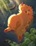  animal_focus bowl brady_evans dog fangs highres looking_at_viewer on_floor orange_fur pawpads pet_bowl plant pokemon pokemon_(creature) pokemon_focus pombon pomeranian_(dog) solo tile_floor tiles tongue tongue_out 