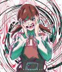  1girl absurdres angry baku_mbu belt black_eyes black_ribbon chainsaw_man collared_shirt cross_scar dress_shirt fourth_east_high_school_uniform hands_on_own_face heterochromia highres long_sleeves looking_at_viewer mitaka_asa neck_ribbon red_eyes ribbon scar scar_on_cheek scar_on_face scar_on_nose school_uniform screaming shirt teeth tongue twintails yoru_(chainsaw_man) 