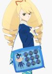  1girl absurdres artist_name badge bag blue_dress blue_pantyhose bow button_badge character_badge closed_mouth commentary cowboy_shot crowrrupt dress english_commentary from_side geo_stelar_(mega_man) green_eyes grey_background hair_bow highres itabag looking_at_viewer luna_platz_(mega_man) mega_man_(series) mega_man_star_force_(series) omega-xis_(mega_man) orange_bow pantyhose shoulder_bag simple_background solo star_force_mega_man striped_clothes striped_pantyhose stuffed_toy white_background 