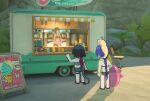  1other 2girls alternate_costume animal_ears beach bikini black_hair cissia_(zenless_zone_zero) commentary day food game_screenshot_background hair_over_one_eye holding holding_swim_ring ice_cream innertube jane_doe_(zenless_zone_zero) long_hair mouse_ears mouse_girl mouse_tail multiple_girls outdoors promeia_(zenless_zone_zero) purple_eyes sand screenshot_background swim_ring swimsuit tail untranslatable_commentary very_long_hair xinzoruo zenless_zone_zero 