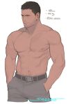  1boy abs artist_name bara beard_stubble broad_shoulders brown_eyes brown_hair buckle chris_redfield closed_mouth collarbone cropped_legs english_text facial_hair grey_pants hands_in_pockets male_focus nipples pants pectorals resident_evil resident_evil_6 sardine_(kjr0313) short_sideburns sideburns snap-fit_buckle solo stubble topless_male white_background 