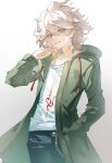  1boy absurdres black_pants breast_pocket buttons chain_belt chinese_commentary collarbone commentary_request cowboy_shot danganronpa_(series) danganronpa_2:_goodbye_despair gradient_background green_eyes green_jacket grey_background hair_between_eyes hand_in_pocket hand_on_own_face happy highres hood hood_down hooded_jacket jacket komaeda_nagito long_sleeves looking_at_viewer male_focus messy_hair open_clothes open_jacket open_mouth pants pocket pointy_nose print_shirt ribbon-trimmed_hood shirt short_hair simple_background skull_charm smile solo standing teeth two-tone_background upper_teeth_only white_background white_hair white_shirt yaya_haochi_ya 