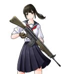  1girl absurdres battle_rifle black_skirt blue_sailor_collar brown_eyes brown_gloves brown_hair closed_mouth commentary_request gloves gun h&amp;k_g3 highres holding holding_gun holding_weapon konnpeto looking_at_viewer neckerchief original pleated_skirt ponytail red_neckerchief rifle sailor_collar school_uniform serafuku shirt short_sleeves simple_background skirt solo trigger_discipline weapon white_background white_shirt 