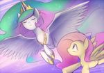  duo equine eyes_closed female feral fluttershy_(mlp) flying friendship_is_magic fur hair horn horse keterok long_hair mammal multi-colored_hair my_little_pony necklace pegasus pink_hair pony princess princess_celestia_(mlp) royalty sky tiara white_fur winged_unicorn wings yellow_fur 