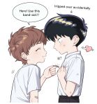  2boys aged_down arrow_through_heart bandaid bandaid_on_arm black_hair black_pants blush brown_hair closed_mouth commentary deformed dirty dirty_clothes dirty_face dress_shirt english_commentary english_text facing_another from_side ganbare!_nakamura-kun!! highres hirose_aiki holding holding_bandaid looking_at_another male_focus multiple_boys nakamura_okuto pants rabbit_whatever shirt shirt_tucked_in short_hair sideburns simple_background speech_bubble translation_request white_background white_shirt yaoi 