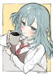 1girl 2024 aqua_eyes aqua_hair arm_under_breasts blush border brown_vest closed_mouth coat coffee coffee_mug collared_shirt commentary_request cup dated hair_between_eyes hand_up highres holding holding_cup lab_coat long_hair long_sleeves looking_at_viewer mug necktie one_side_up open_clothes open_coat red_necktie riddle_joker shikibe_mayu shirt simple_background smile solo textless_version twitter_username tyama_taka upper_body vest white_border white_shirt yellow_background 