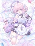  1girl angel_wings armband belt bib_collar black_belt black_bow black_bowtie black_trim bow bowtie center_frills character_request collar commentary_request copyright_name copyright_request detached_wings dot_nose dress eyes_visible_through_hair fangs frilled_armband frilled_collar frilled_dress frills grid_paper hair_between_eyes hair_bow hair_ornament halo hand_up heart heart_hair_ornament highres holding holding_knife holding_syringe jacket jacket_partially_removed jirai_kei knife konpe_itou legs_up long_sleeves melting_halo o-ring o-ring_belt o-ring_thigh_strap off-shoulder_dress off_shoulder open_clothes open_jacket open_mouth picture_frame pill pink_armband pink_hair pink_halo pink_nails purple_eyes purple_jacket single_thighhigh skin_fangs sleeve_bow solo striped_blush stuffed_toy syringe thigh_strap thighhighs two_side_up white_bow white_collar white_dress white_thighhighs wing_hair_ornament wings x-shaped_thigh_strap x_hair_ornament yami_kawaii 
