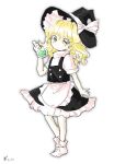  1girl apron black_hat black_skirt black_vest blonde_hair bow braid chinese_commentary commentary_request flask frilled_skirt frills full_body hair_bow hat hat_bow highres holding holding_flask kirisame_marisa l0e9s29p long_hair round-bottom_flask short_sleeves side_braid simple_background single_braid skirt socks solo touhou vest waist_apron white_apron white_background white_bow white_socks witch_hat yellow_eyes 