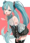  1girl 200f_(nifu) 2026 :d absurdres aqua_eyes aqua_hair aqua_necktie aqua_trim black_skirt black_sleeves blush breasts character_name collared_shirt commentary cowboy_shot detached_sleeves frilled_shirt frills grey_shirt hair_ornament hands_on_own_thighs hatsune_miku highres leaning_forward long_hair long_sleeves looking_at_viewer medium_breasts miniskirt necktie number_tattoo open_mouth pleated_skirt shirt shoulder_tattoo sidelocks simple_background skirt sleeveless sleeveless_shirt smile solo standing tattoo thighhighs tie_clip twintails untucked_shirt very_long_hair vocaloid white_background wide_sleeves zettai_ryouiki 