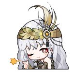  1girl ^^^ artist_request bead_necklace beads black_robe blush_stickers braid bright_pupils brown_eyes brown_flower brown_headband chibi choker clenched_hand closed_mouth cropped_torso dress earrings feather_earrings feather_hair_ornament feathers flower grey_hair hair_beads hair_flower hair_ornament half-closed_eye hand_on_own_cheek hand_on_own_face happy headband infinity_nikki jewelry lace-trimmed_sleeves lace_trim long_hair long_sidelocks long_sleeves necklace nikki_(series) official_art one_eye_closed peacock_feathers peacock_print print_robe robe side_braid sidelocks single_braid sleeves_past_wrists smile snapping_fingers solo sticker_(medium) strapless strapless_dress tareme transparent_background unawakened_oracle_(infinity_nikki) very_long_hair wavy_hair white_dress white_pupils wide_sleeves 