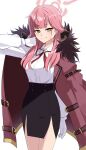  1girl absurdres arm_behind_head aru_(blue_archive) black_skirt blue_archive breasts brown_eyes brown_jacket closed_mouth collared_shirt commentary_request dress_shirt fur-trimmed_jacket fur_trim gloves halo hand_up highres horns jacket jacket_on_shoulders looking_at_viewer medium_breasts neck_ribbon red_ribbon ribbon ryoji_minato shirt simple_background skirt smile solo white_background white_gloves white_shirt 